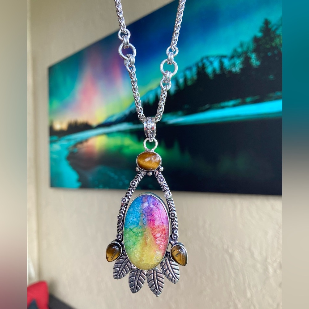 925 sterling silver overlay Rainbow solar quartz tiger eye stone charm necklace - Picture 8 of 13